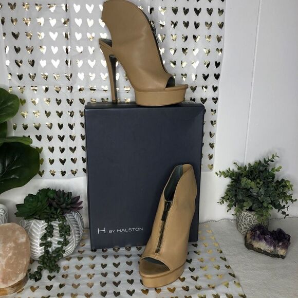H By Halston Womens Leather Slingback Zipper Platform Stiletto Sandals Tan Sz 7 - Picture 1 of 5